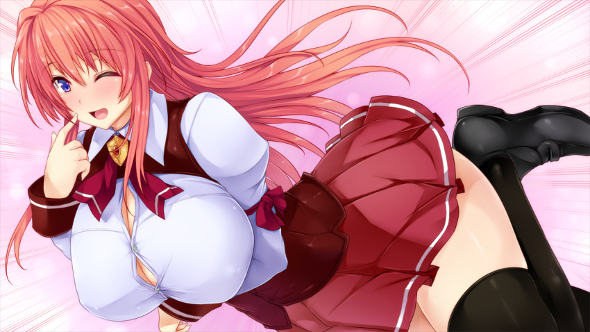1girl black_legwear black_shoes blue_eyes blush breast_hold breasts brooch feet floating_hair game_cg happy highres huge_breasts impossible_clothes kouchuu_kanshou_(sangoku_hime_3) legs long_hair one_eye_closed open_mouth puffy_sleeves red_hair red_skirt sangoku_hime sangoku_hime_3 school_uniform shoes simple_background skirt smile solo thighhighs thighs unicorn-a wink zettai_ryouiki