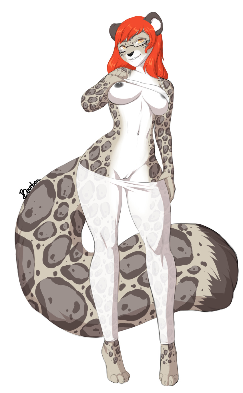 anthro bourbon._(artist) breasts clothing feline female flashing leopard looking_at_viewer mammal nipples pussy sheer_clothing smile solo standing translucent transparent_clothing wide_hips