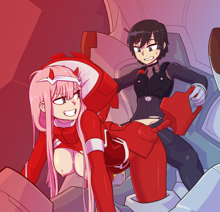 1girl black_hair blue_eyes breasts commentary commission couple covered_nipples darling_in_the_franxx english_commentary green_eyes highres hiro_(darling_in_the_franxx) horns large_breasts long_hair looking_back nipples pilot_suit pink_hair sweat tenk zero_two_(darling_in_the_franxx)