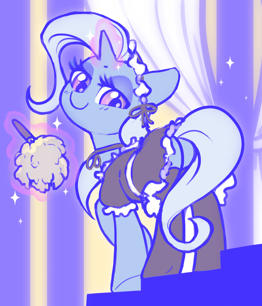 2018 blue_hair blush butt celebi-yoshi clothing curtains cute equine eyelashes feather_duster female feral friendship_is_magic hair hi_res hooves horn inside legwear levitation looking_at_view looking_back magic maid_uniform makeup mammal mascara my_little_pony portrait purple_eyes rear_view smile solo sparkles stairs standing stockings thigh_highs trixie_(mlp) underhoof unicorn uniform