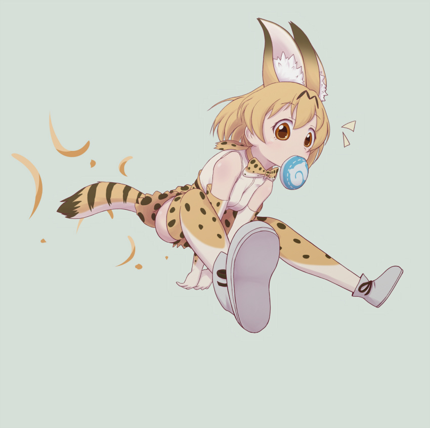 animal_ears blonde_hair boots bow bowtie depaken elbow_gloves eyebrows_visible_through_hair food food_in_mouth gloves highres japari_bun jumping kemono_friends multicolored multicolored_clothes multicolored_hair multicolored_legwear serval_(kemono_friends) serval_ears serval_print serval_tail short_hair skirt solo tail thighhighs vest yellow_eyes