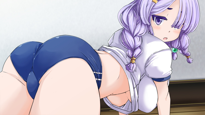 1girl all_fours ass bare_legs bloomers braid breasts buruma game_cg gym_uniform hair_over_one_eye highres indoors kouyuu_bunkyo large_breasts legs long_hair looking_at_viewer looking_back matching_hair/eyes parted_lips purple_eyes purple_hair sangoku_hime sangoku_hime_3 shirt solo thighs underboob unicorn-a white_shirt