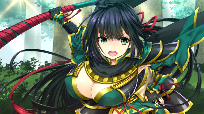 1girl armor armpits black_hair bouncing_breasts breasts cleavage erect_nipples fighting_stance floating_hair forest game_cg green_eyes highres holding holding_sword japanese_clothes kan'u_unchou_(sangoku_hime) katana large_breasts leaning_forward long_hair long_ponytail looking_at_viewer open_mouth outdoors ponytail sangoku_hime sangoku_hime_3 scarf serious solo standing sword trees unicorn-a upper_body