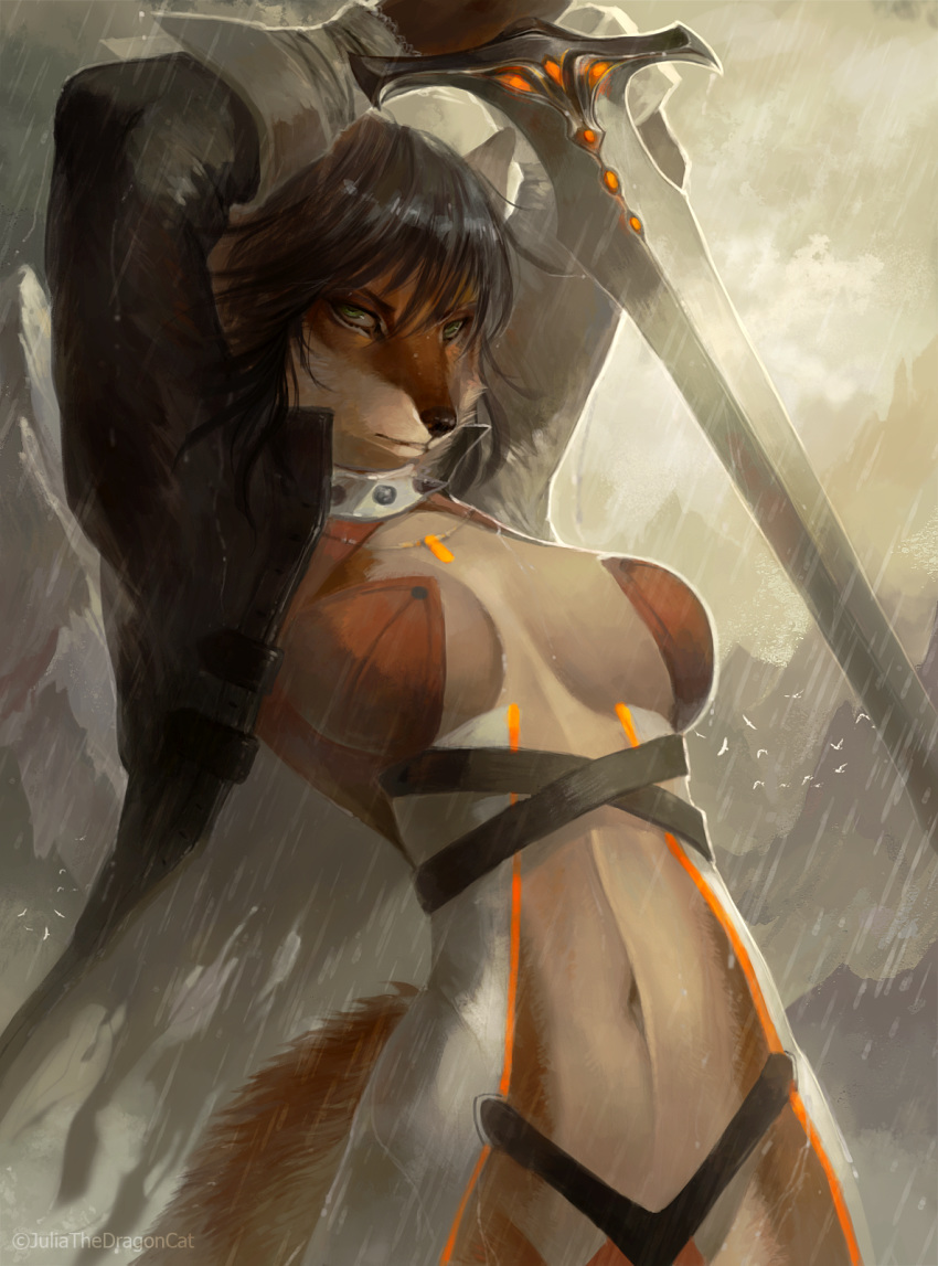 2018 anthro black_hair breasts canine detailed_background digital_media_(artwork) female fox green_eyes hair holding_object holding_weapon juliathedragoncat mammal melee_weapon raining solo sword weapon