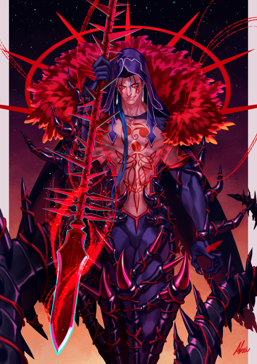 blue_hair chest_tattoo cowboy_shot cu_chulainn_alter_(fate/grand_order) earrings facepaint facial_mark facial_tattoo fate/grand_order fate_(series) gae_bolg gloves gradient gradient_background highres holding holding_spear holding_weapon hood iroha_(akei0710) jewelry lancer long_hair male_focus polearm red_eyes sharp_teeth solo spear spikes tail tattoo teeth weapon