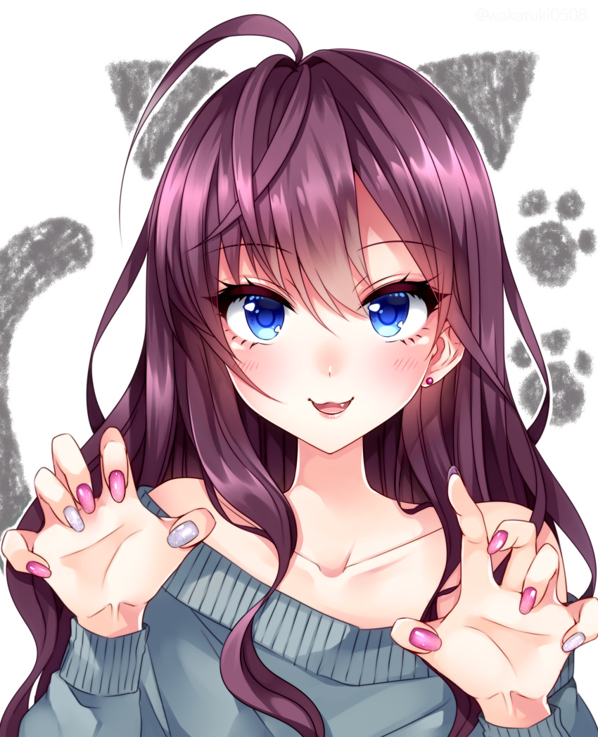 :3 absurdres ahoge animal_ears bare_shoulders blue_eyes cat_ears cat_tail claw_pose collarbone commentary_request drawn_ears drawn_tail earrings eyebrows_visible_through_hair eyelashes fake_animal_ears fake_tail fang grey_sweater hands_up highres ichinose_shiki idolmaster idolmaster_cinderella_girls jewelry long_hair looking_at_viewer multicolored multicolored_nails nail_polish off-shoulder_sweater open_mouth paw_print paws pink_nails purple_earrings purple_hair silver_nails simple_background smile solo stud_earrings sweater tail upper_body wakatsuki_you wavy_hair