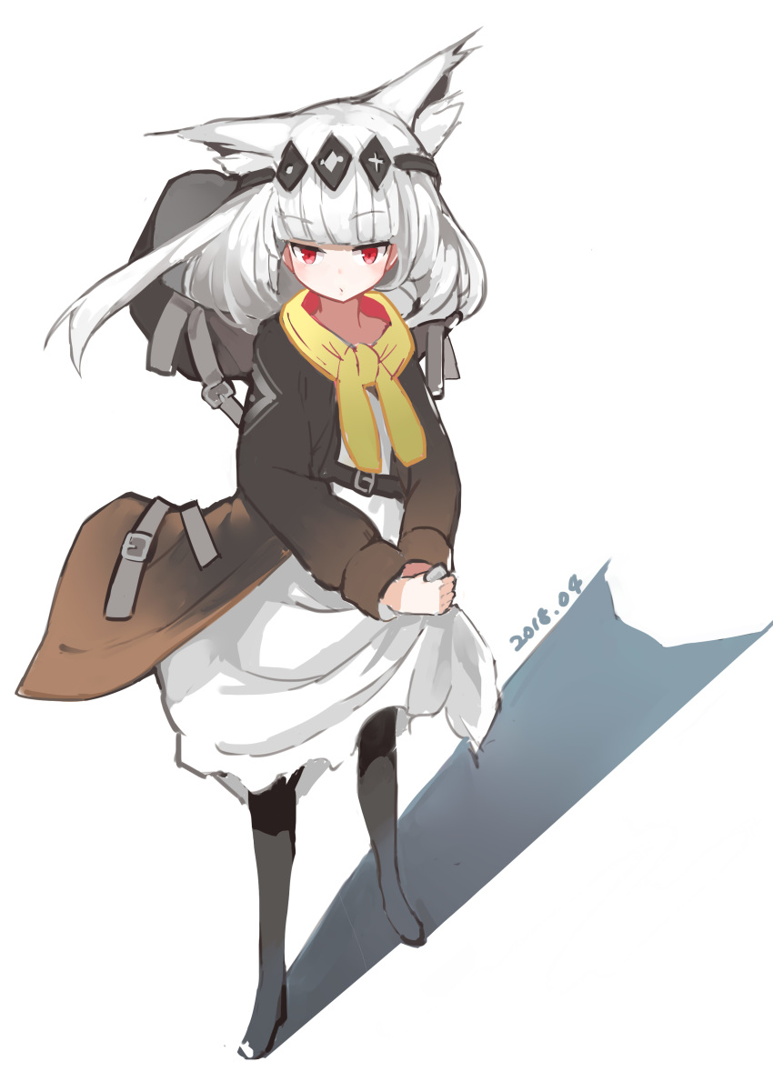 absurdres animal_ears bad_id bad_pixiv_id bangs black_footwear black_jacket boots commentary_request dated dress eyebrows_visible_through_hair fox_ears high_heel_boots high_heels highres jacket long_hair long_sleeves mitu_yang original pantyhose red_eyes revision scarf silver_hair sketch skirt_hold solo standing white_background white_dress yellow_scarf