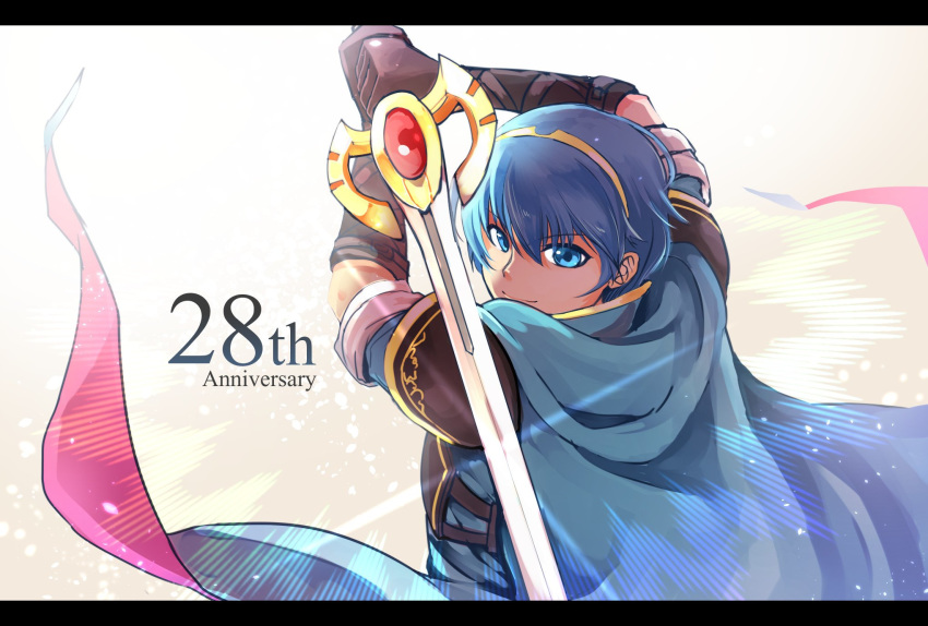 anniversary armor blue_eyes blue_hair cape falchion_(fire_emblem) fire_emblem fire_emblem:_monshou_no_nazo gloves highres looking_at_viewer male_focus marth nakabayashi_zun short_hair simple_background smile solo sword tiara weapon