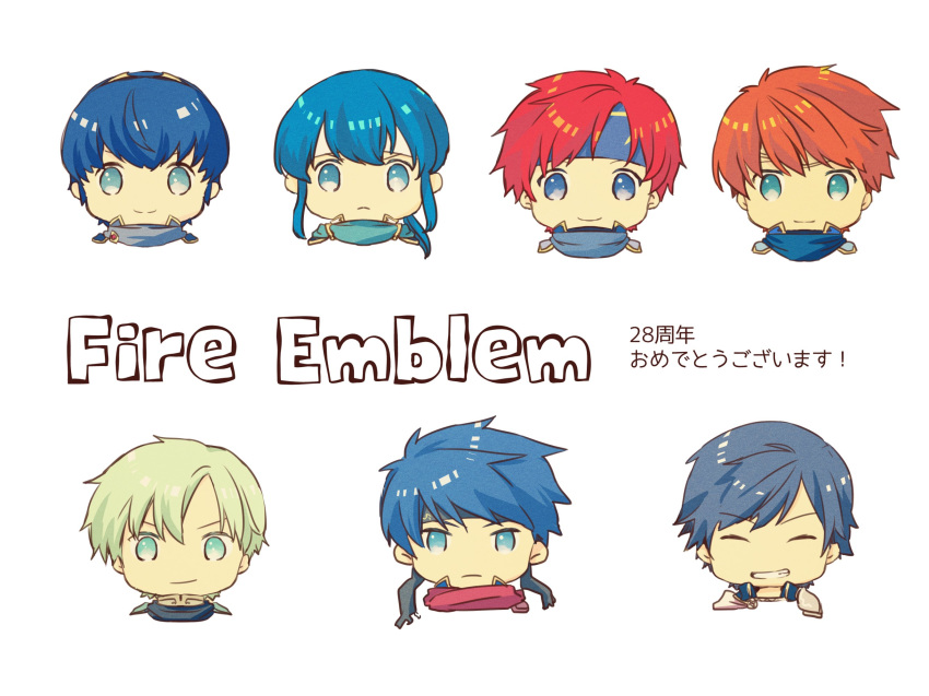 blue_hair celice_(fire_emblem) chibi eliwood_(fire_emblem) ephraim fire_emblem fire_emblem:_fuuin_no_tsurugi fire_emblem:_kakusei fire_emblem:_monshou_no_nazo fire_emblem:_rekka_no_ken fire_emblem:_seima_no_kouseki fire_emblem:_seisen_no_keifu fire_emblem:_souen_no_kiseki fire_emblem_heroes green_hair headband highres ike krom long_hair looking_at_viewer male_focus marth multiple_boys nishimura_(nianiamu) open_mouth roy_(fire_emblem) short_hair simple_background smile tiara