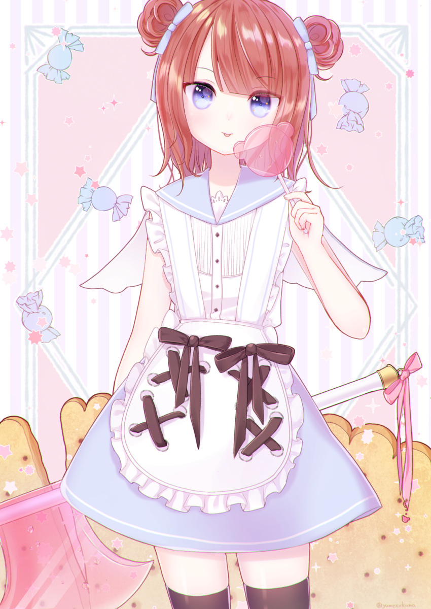 :p apron axe bangs black_legwear blue_bow blue_eyes blue_sailor_collar blue_skirt blush bow candy candy_wrapper closed_mouth commentary_request double_bun eyebrows_visible_through_hair fingernails food frilled_apron frills hair_bow hand_up head_tilt highres holding holding_axe holding_lollipop kuma_no_yume lollipop maid_apron original sailor_collar sailor_shirt shirt side_bun skirt sleeveless sleeveless_shirt smile solo striped thighhighs tongue tongue_out vertical_stripes white_apron white_shirt