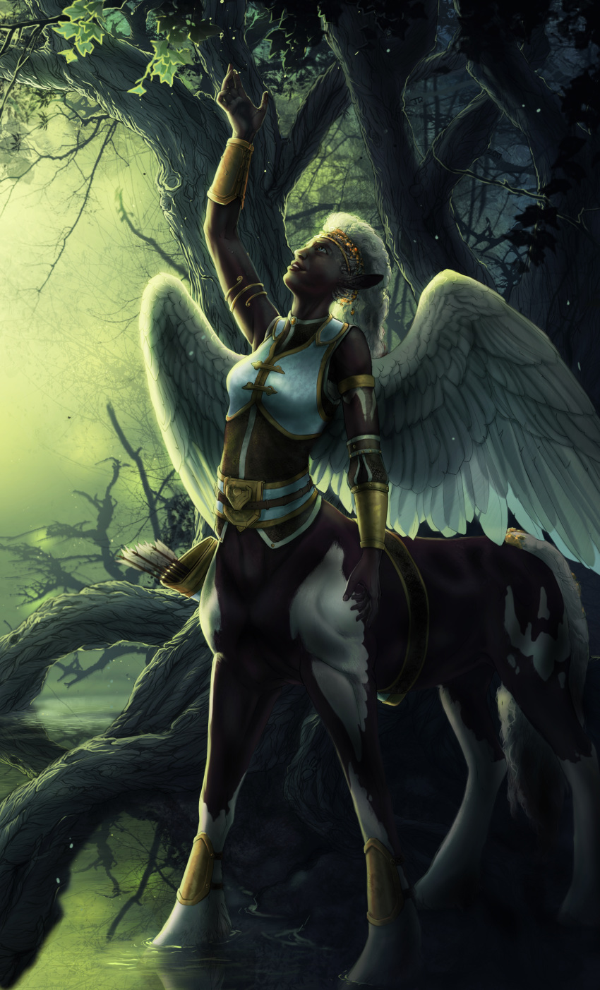 2018 5_fingers breasts centaur clothed clothing day digital_media_(artwork) equine equine_taur feathered_wings feathers female hair hooves hybrid mammal outside partially_submerged smile solo taur turnipberry white_feathers white_hair wings