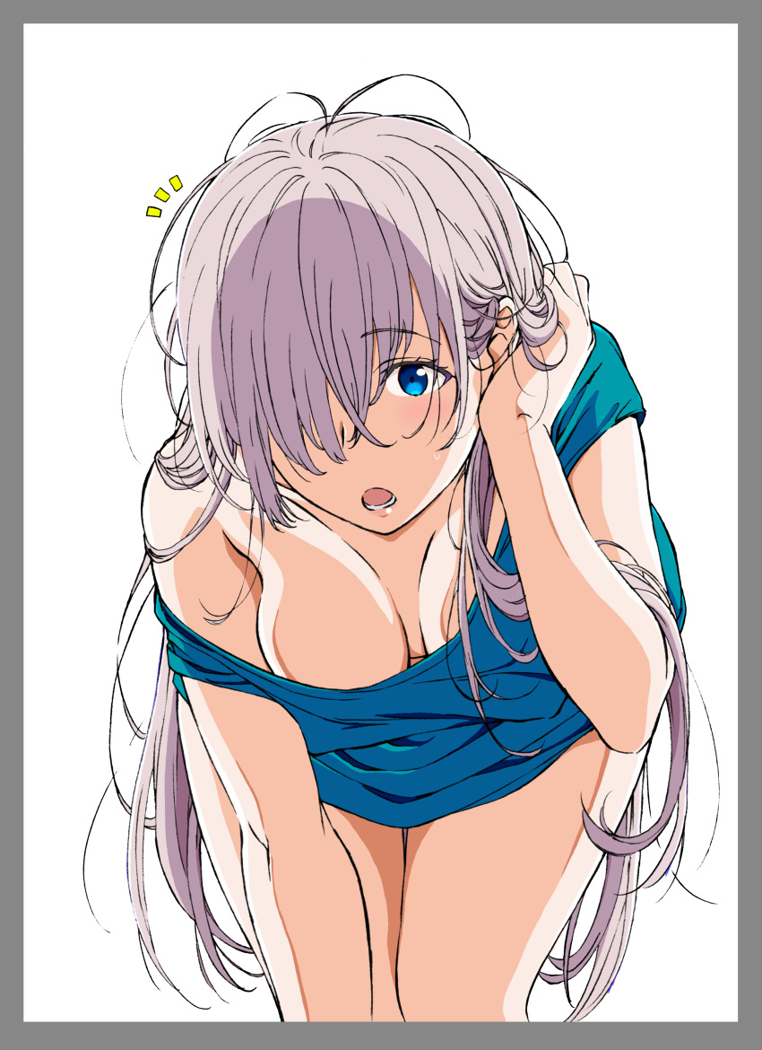 absurdres anastasia_(fate/grand_order) bangs blue_eyes blue_shirt blush border breasts commentary_request cowboy_shot eyebrows_visible_through_hair fate/grand_order fate_(series) grey_border grey_hair hair_over_one_eye hand_in_hair hand_up highres kakitama leaning_forward long_hair looking_at_viewer medium_breasts off-shoulder_shirt off_shoulder open_mouth partial_commentary shirt short_sleeves silver_hair solo thighs