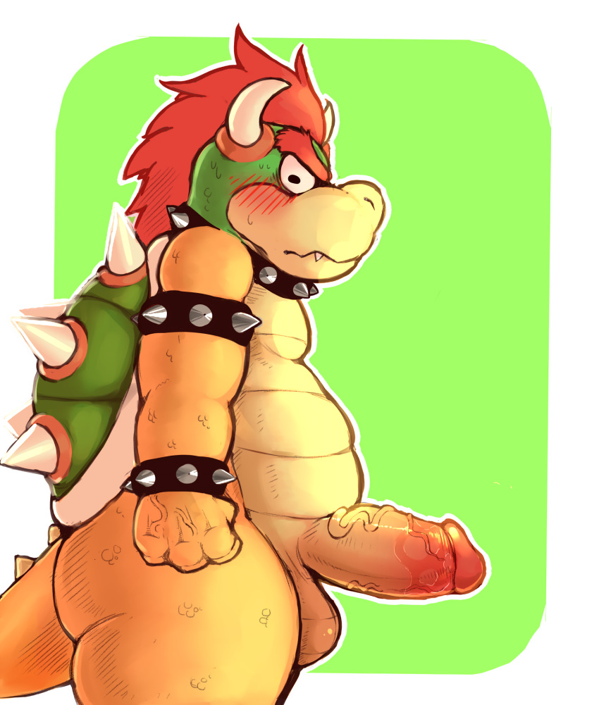 2018 anthro balls blush bowser collar erection hair hi_res horn humanoid_penis koopa looking_at_viewer male mario_bros nintendo nude penis red_hair scales scalie shell side_view simple_background solo spiked_armlet spiked_collar spikes standing vein veiny_penis video_games yellow_scales zackary911