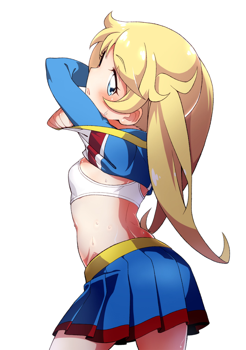 arched_back back bangs blonde_hair blue_eyes blue_shirt blue_skirt blush bra breasts cheerleader cowboy_shot crossed_arms eyebrows_visible_through_hair eyelashes hayashi_keita highres kiratto_pri_chan lifted_by_self long_sleeves looking_back moegi_emo pretty_(series) shirt shirt_lift simple_background skirt small_breasts solo sports_bra sweat twintails underwear undressing white_background white_bra