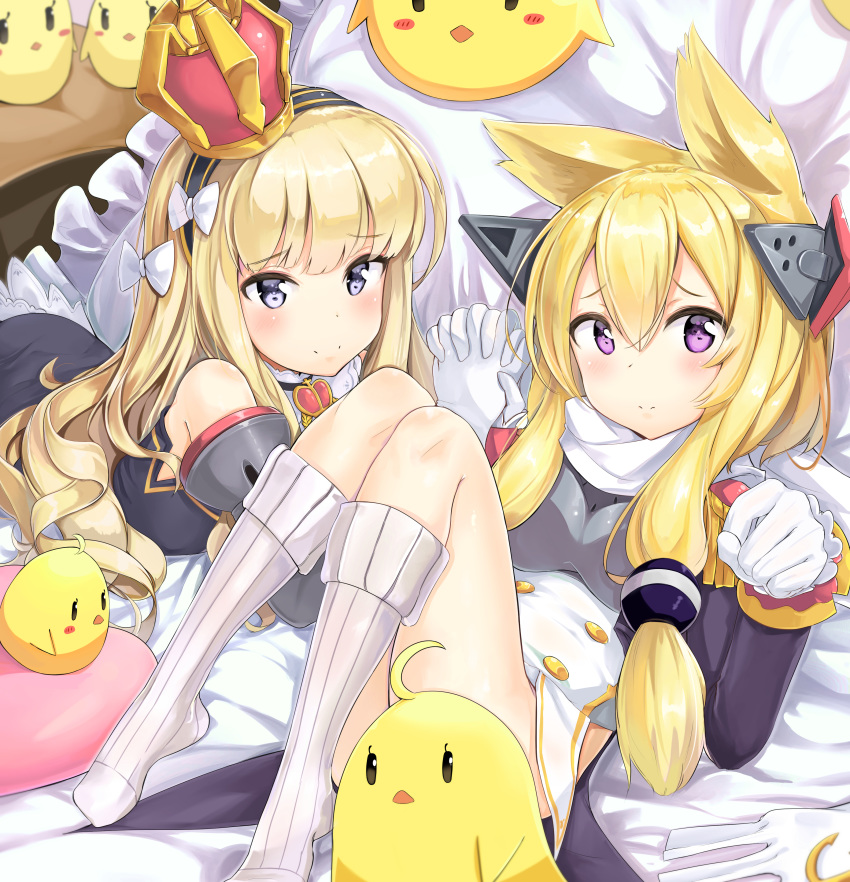 absurdres animal_ears azur_lane bangs bare_shoulders bed_sheet bird black_dress black_hairband black_jacket blonde_hair blush blush_stickers bow breasts closed_mouth commentary convenient_censoring crown detached_sleeves dress eyebrows_visible_through_hair frilled_pillow frills gloves hair_between_eyes hair_bow hairband hand_up hands_up headgear highres holding_hands interlocked_fingers jacket kneehighs long_hair long_sleeves looking_at_viewer lying medium_breasts mini_crown multiple_girls no_shoes ohshit on_back on_stomach pillow purple_eyes queen_elizabeth_(azur_lane) scarf smile striped striped_hairband thighs very_long_hair warspite_(azur_lane) white_bow white_gloves white_legwear white_scarf