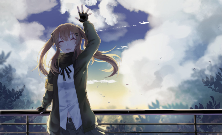 armband bangs belt blush brown_hair buckle cloud commentary_request eyebrows_visible_through_hair fingerless_gloves floating_hair girls_frontline gloves hair_ornament hairclip hand_on_railing highres idass jacket leaves_in_wind long_hair neck_ribbon open_mouth outdoors pleated_skirt railing ribbon scar scar_across_eye scarf shirt sidelocks skirt smile solo twintails ump9_(girls_frontline) waving wind