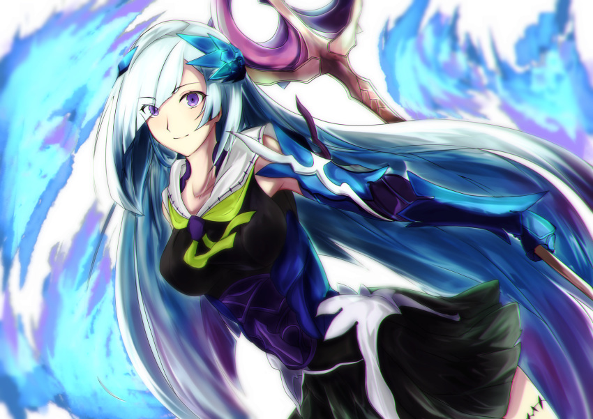 asymmetrical_bangs bangs blue_hair breasts brynhildr_(fate) brynhildr_romantia closed_mouth fate/grand_order fate/prototype fate/prototype:_fragments_of_blue_and_silver fate_(series) highres holding holding_weapon long_hair looking_at_viewer medium_breasts otsunabe_(naabe_delta) polearm skirt sleeveless smile solo spear weapon