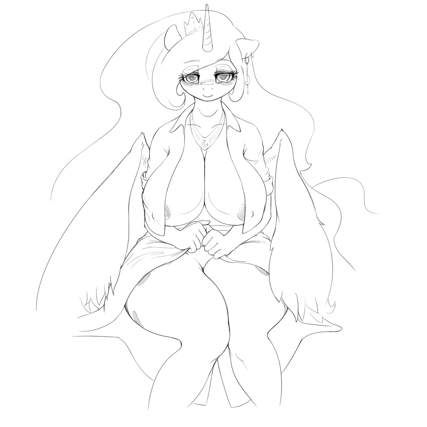 2015 anthro anthrofied areola big_breasts bluedrg19 breasts clothing crown ear_piercing equine exposed_breasts feathered_wings feathers female friendship_is_magic half-closed_eyes hi_res horn looking_at_viewer mammal monochrome my_little_pony piercing princess_luna_(mlp) sitting smile solo winged_unicorn wings