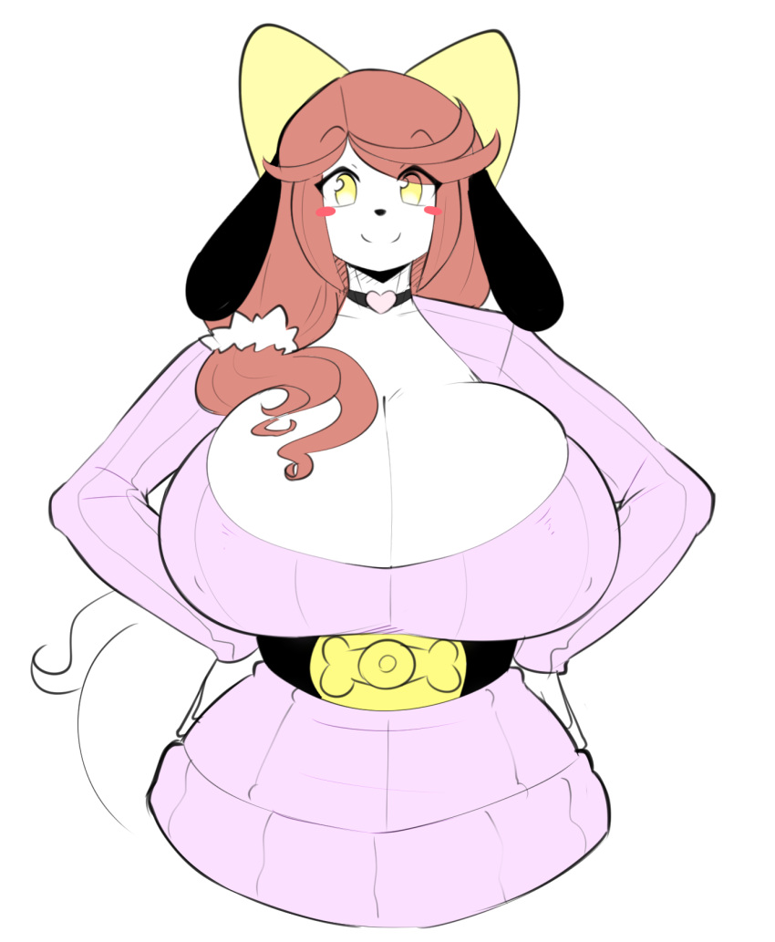 anthro big_breasts blush_sticker breasts brown_hair canine choker cleavage clothed clothing dog female hair half-length_portrait hands_on_hips hi_res holly_applebee huge_breasts mammal mature_female portrait solo sweater theycallhimcake wide_hips yellow_eyes