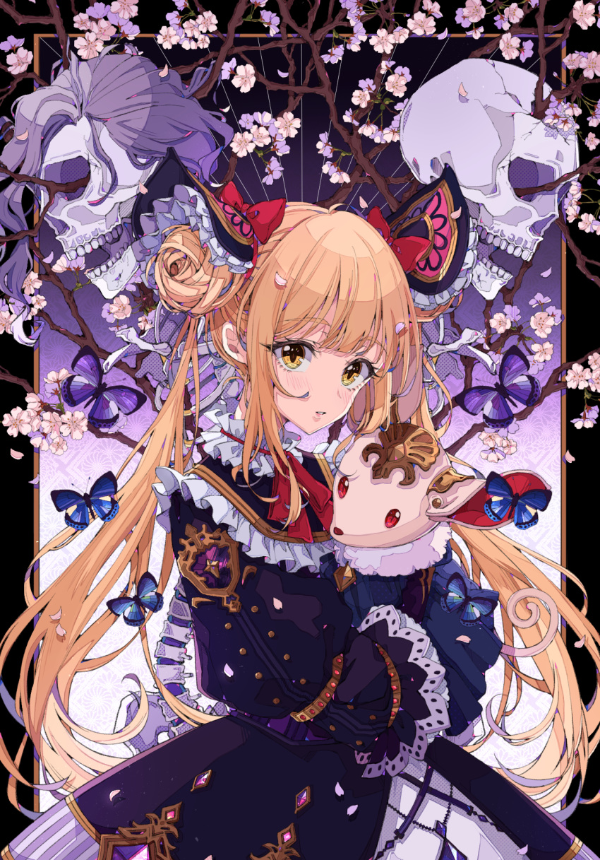 animal bangs black_dress blonde_hair blush bow brown_eyes bug butterfly commentary_request double_bun dress eyebrows_visible_through_hair flower gold_trim hair_bow head_tilt highres insect long_hair long_sleeves looking_at_viewer luna_(shadowverse) object_hug osanai parted_lips pink_flower red_neckwear shadowverse side_bun sidelocks skull solo stuffed_animal stuffed_toy tree_branch twintails very_long_hair