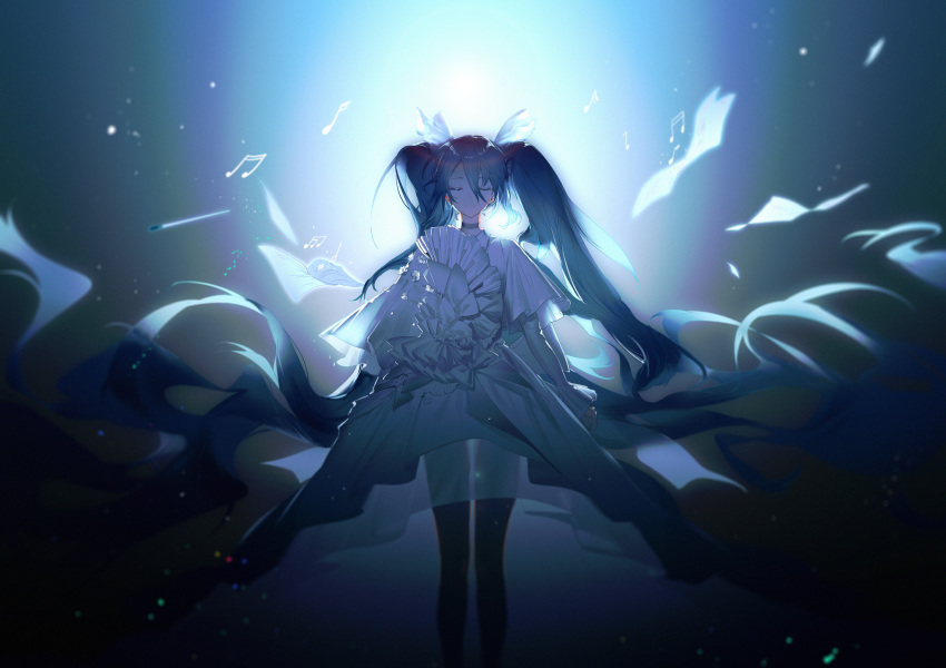 absurdly_long_hair alternate_costume backlighting beamed_sixteenth_notes black_legwear blue_choker blue_hair bow choker closed_eyes closed_mouth dress eighth_note facing_viewer feet_out_of_frame hair_between_eyes hatsune_miku highres layered_dress long_hair long_sleeves musical_note pantyhose see-through sixteenth_note smile solo standing twintails very_long_hair vocaloid white_bow white_dress yyb