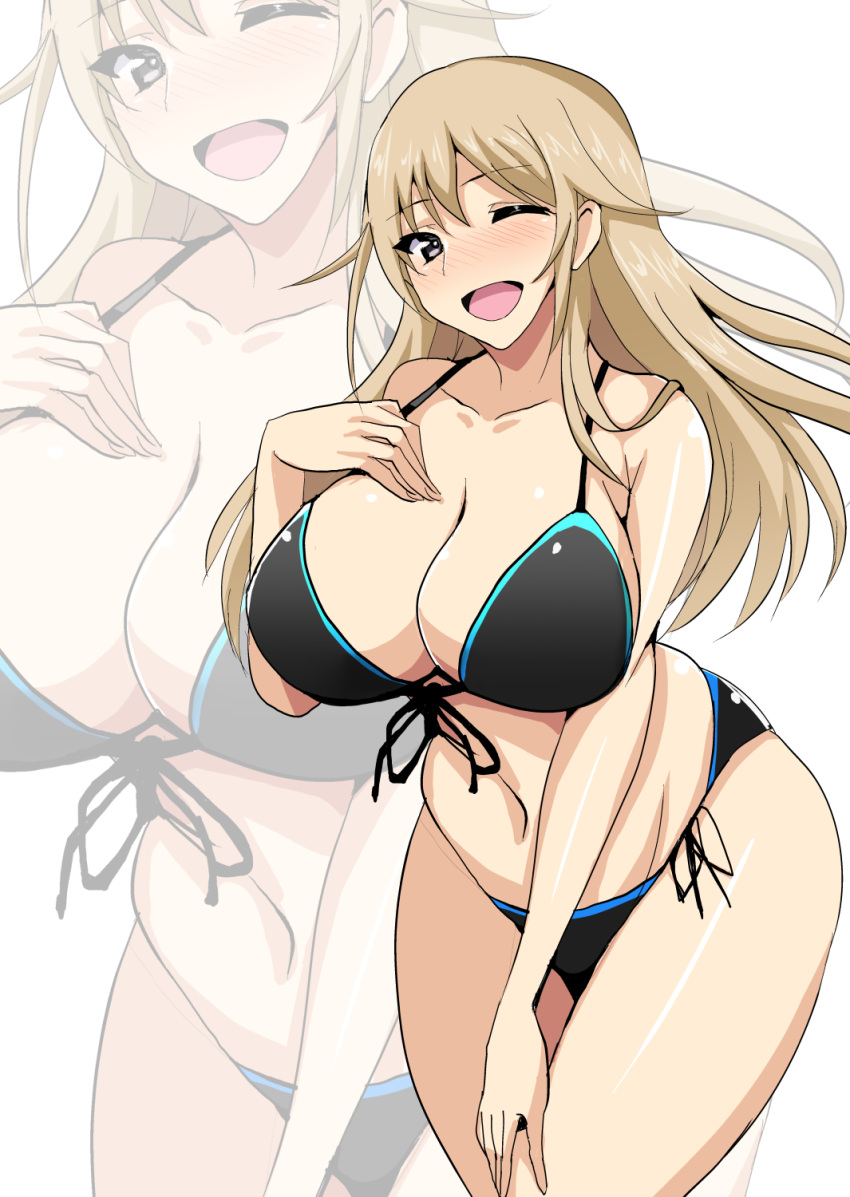 ;d bangs bare_arms bare_shoulders bikini black_bikini black_ribbon blush breasts cleavage collarbone cowboy_shot eyebrows_visible_through_hair front-tie_bikini front-tie_top girls_und_panzer girls_und_panzer_ribbon_no_musha hand_on_own_chest highres koujun_(mugenzero) large_breasts leaning_forward long_hair matsukaze_rin navel nose_blush one_eye_closed open_mouth ribbon shiny shiny_hair shiny_skin side-tie_bikini simple_background smile solo standing stomach swimsuit thighs very_long_hair white_background