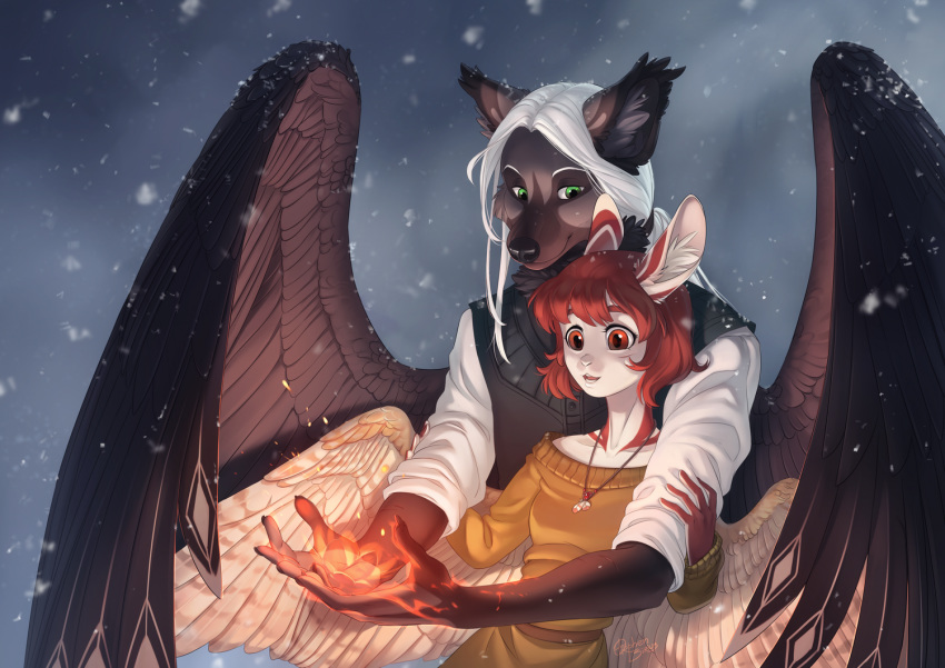 2018 5_fingers anthro detailed_background digital_media_(artwork) duo feathered_wings feathers female green_eyes hair hybrid inner_ear_fluff male orphen-sirius red_eyes red_hair snow white_hair wings