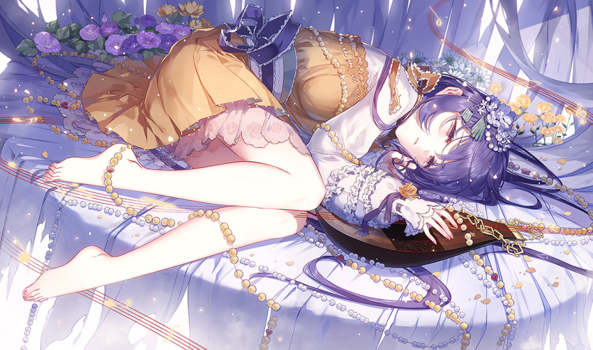 bare_legs barefoot bed biwa_lute commentary_request dress fingernails floral_print flower full_body hair_flower hair_ornament half-closed_eyes instrument kieta long_hair long_sleeves looking_at_viewer lute_(instrument) lying on_bed on_side pearl petals purple_eyes purple_flower purple_hair sash short_dress solo star toenails touhou tsukumo_benben white_flower yellow_dress yellow_flower