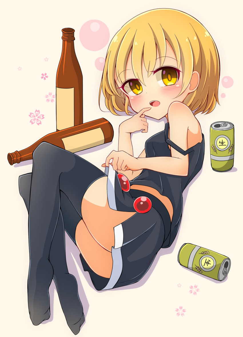 alcohol bare_arms bare_shoulders black_legwear black_skirt black_tank_top blonde_hair blush body_blush bottle breasts brooch bubble_background can commentary_request drunk ear eyebrows_visible_through_hair eyelashes eyes_visible_through_hair fetal_position finger_to_mouth floral_background from_side full_body highres inon jewelry legs_together looking_at_viewer lunasa_prismriver lying medium_breasts microskirt midriff_peek no_shoes on_side open_mouth pink_background plantar_flexion pleated_skirt shadow short_hair side_slit skirt skirt_hold solo strap_slip thighhighs tongue touhou upper_teeth yellow_eyes zettai_ryouiki