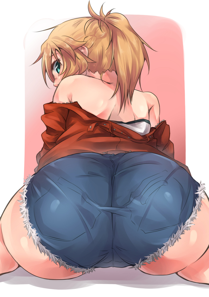 absurdres aqua_eyes ass bare_shoulders blonde_hair blue_shorts commentary_request fate/apocrypha fate_(series) from_behind highres jacket looking_at_viewer looking_back mordred_(fate) mordred_(fate)_(all) off_shoulder onsen_mikan ponytail red_background red_jacket shiny shiny_skin shirt short_shorts shorts sitting solo strapless strapless_shirt tied_hair wariza white_shirt