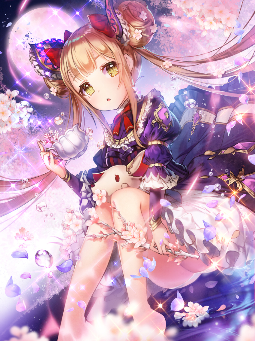 apple_caramel ass bangs blonde_hair blush bow branch commentary_request cup double_bun dress dutch_angle eyebrows_visible_through_hair flower full_moon hair_bow hand_up highres holding holding_branch long_hair long_sleeves looking_at_viewer luna_(shadowverse) moon petals pink_flower pinky_out puffy_short_sleeves puffy_sleeves purple_dress red_bow shadowverse short_over_long_sleeves short_sleeves side_bun sitting solo sparkle teacup twintails very_long_hair water water_drop yellow_eyes