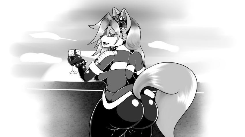 2017 anthro biped black_nose bottomwear breasts butt canine clothed clothing digital_media_(artwork) eyelashes female fully_clothed grey_tail greyscale hair holding_drink holding_glass holding_object iva_botnik kitt_kitten looking_at_viewer looking_back mammal monochrome rear_view side_boob snout solo tight_clothing topwear wolf