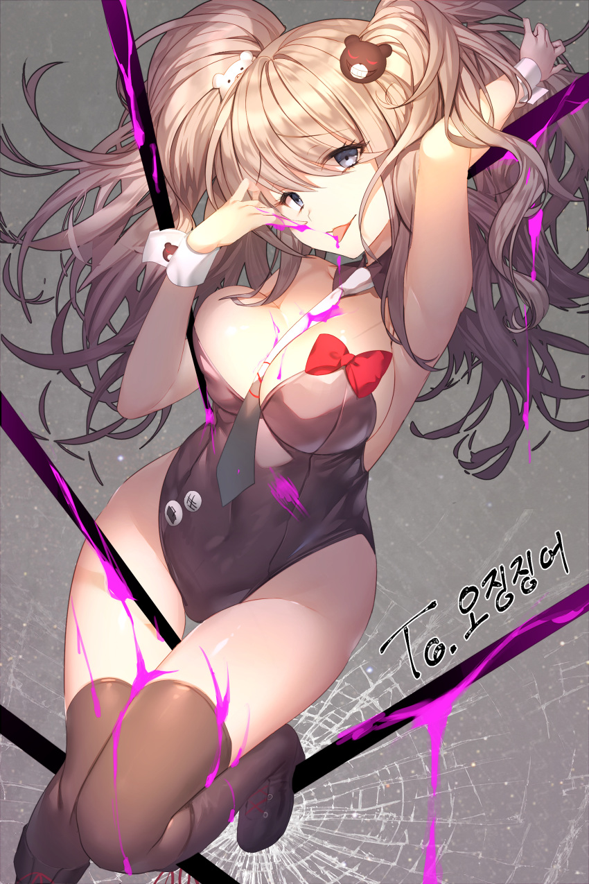 absurdres aile_(crossroads) arm_up bangs bear_hair_ornament between_legs black_legwear black_leotard blonde_hair blue_eyes breasts commentary_request commission danganronpa danganronpa_1 enoshima_junko eyebrows_visible_through_hair hair_ornament hand_up highres hips knee_up large_breasts leotard long_hair looking_at_viewer playboy_bunny_leotard smile solo spoilers thighhighs thighs tongue tongue_out twintails wrist_cuffs