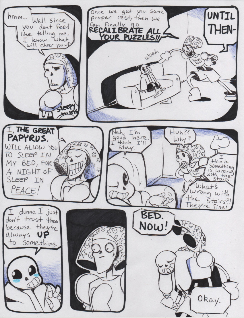 aftertale blush bone clothed clothing comic dialogue english_text grin hi_res humor loverofpiggies male not_furry one_eye_closed papyrus_(undertale) pun sans_(undertale) sitting skeleton smile sofa teeth text undead undertale underwear video_games wink