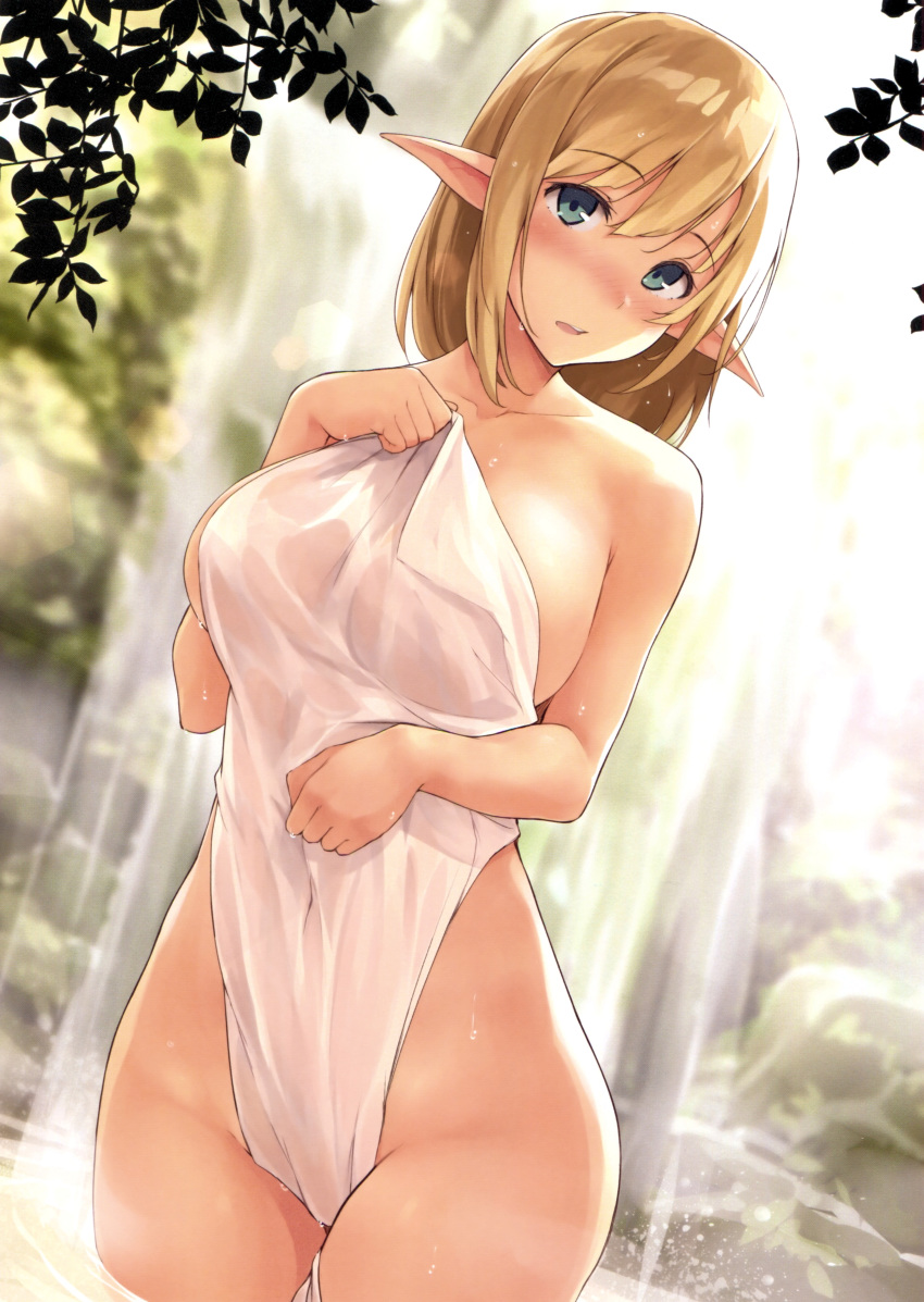 absurdres bangs bare_arms bare_shoulders blonde_hair blue_eyes blush breasts closed_mouth collarbone covered_navel cowboy_shot day elf embarrassed eyebrows_visible_through_hair groin hair_between_eyes hand_up highres holding kekemotsu large_breasts looking_at_viewer medium_hair naked_towel open_mouth original outdoors pointy_ears rock scan sidelocks solo standing toranoana towel wading water waterfall wet wet_towel white_towel