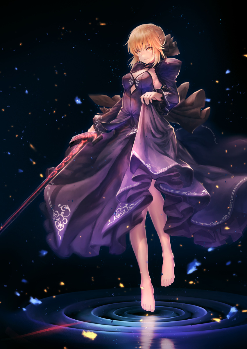 absurdres artoria_pendragon_(all) barefoot black_bow black_dress blonde_hair bow breasts cleavage dark_excalibur dress fate/stay_night fate_(series) full_body hair_bow highres holding holding_sword holding_weapon kazuki_seto long_dress looking_at_viewer medium_breasts saber_alter sidelocks skirt_hold sleeveless sleeveless_dress smile solo sword tied_hair weapon yellow_eyes