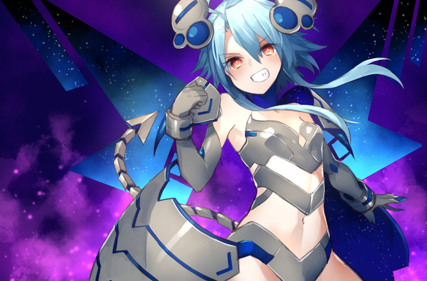 bare_shoulders blancpig_yryr blue_hair clenched_hand demon_tail elbow_gloves gloves grin highres looking_at_viewer mechanical_tail midriff navel nepnep_connect:_chaos_chanpuru neptune_(series) power_symbol red_eyes short_hair_with_long_locks smile solo symbol-shaped_pupils tail tattoo white_heart white_heart_(chaos_form) wings