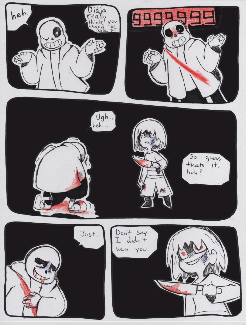 aftertale blood bone clothed clothing coat comic dialogue english_text grin hair hi_res human jacket knife loverofpiggies male mammal not_furry one_eye_closed protagonist_(undertale) sans_(undertale) simple_background skeleton smile teeth text undead undertale video_games violence wide_eyed wink wounded