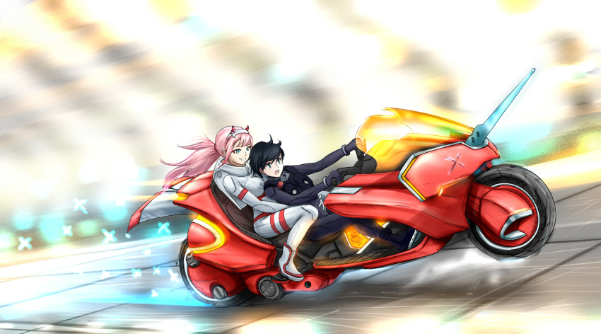 1girl akira anomonny aqua_eyes black_bodysuit bodysuit commentary darling_in_the_franxx driving ground_vehicle hairband highres hiro_(darling_in_the_franxx) horns hug hug_from_behind long_hair motor_vehicle motorcycle open_mouth pink_hair ponytail smile white_bodysuit white_hairband zero_two_(darling_in_the_franxx)