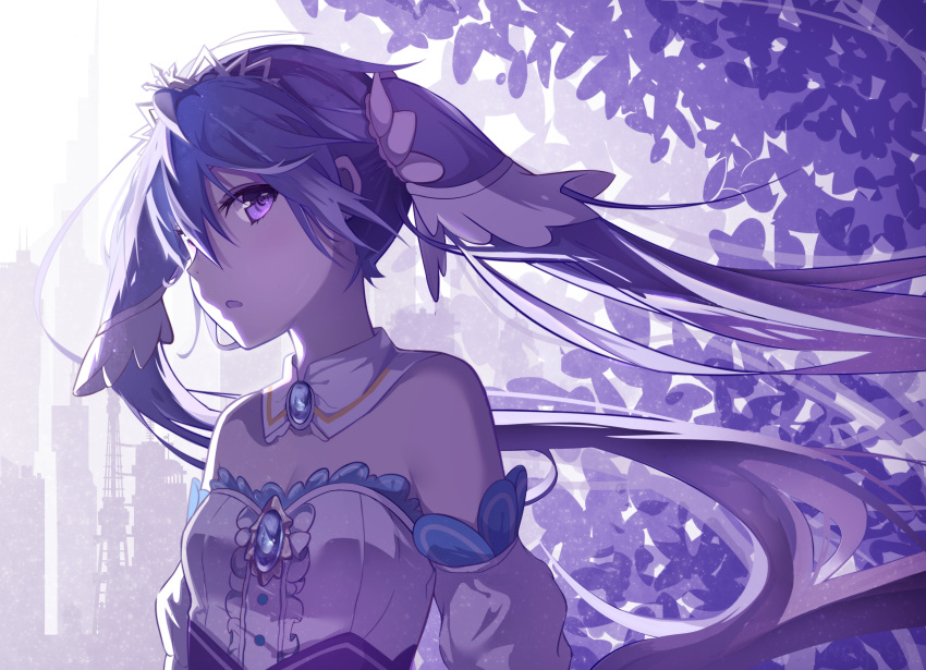:o absurdres alternate_costume bare_shoulders blush breasts brooch center_frills cityscape cleavage detached_collar detached_sleeves floating_hair frills gem hair_between_eyes hair_ornament hatsune_miku highres jewelry long_hair nagisa_(cxcx5235) open_mouth outdoors purple purple_eyes purple_hair small_breasts solo strapless tiara twintails upper_body very_long_hair vocaloid wind yuki_miku