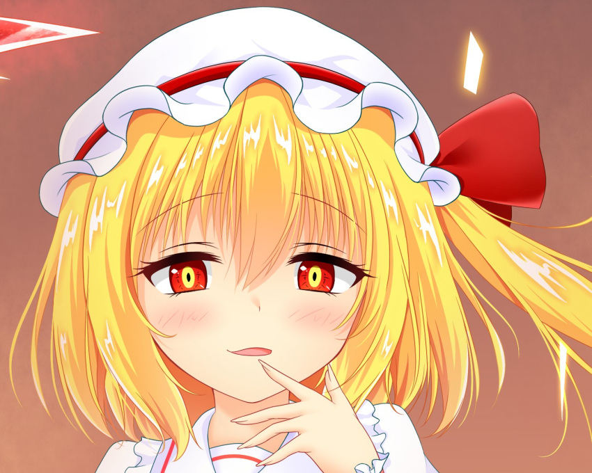 bangs blonde_hair blush bow brown_background collared_shirt commentary_request eyebrows_visible_through_hair eyelashes finger_to_mouth fingernails flandre_scarlet frilled_shirt_collar frills hair_between_eyes hat hat_bow highres kuronekoron looking_at_viewer mob_cap open_mouth puffy_short_sleeves puffy_sleeves red_bow red_eyes shirt short_hair short_sleeves side_ponytail solo touhou upper_body white_hat white_shirt wrist_cuffs