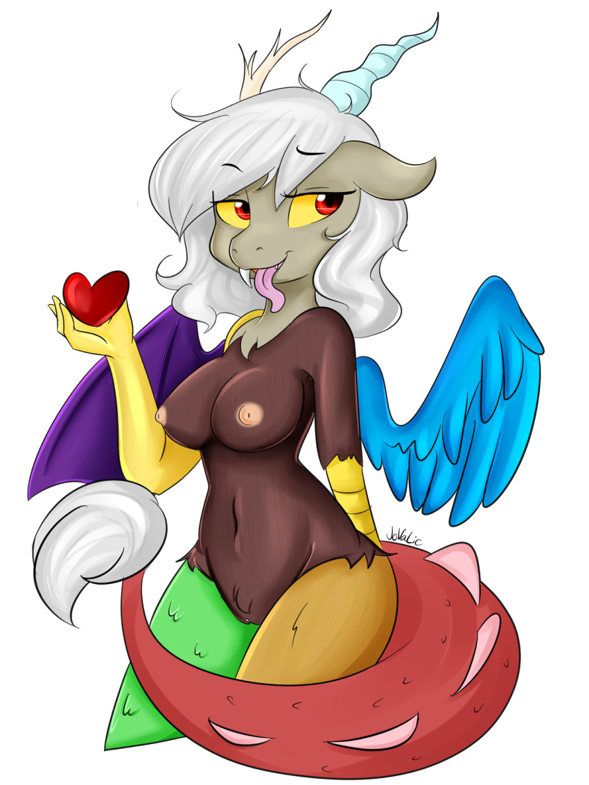&lt;3 anthro areola big_breasts blue_feathers breasts crossgender discord_(mlp) draconequus feathered_wings feathers female friendship_is_magic hand_behind_back hi_res horn jovalic membranous_wings mismatched_wings my_little_pony nipples nude pussy simple_background solo standing tongue tongue_out white_background wings