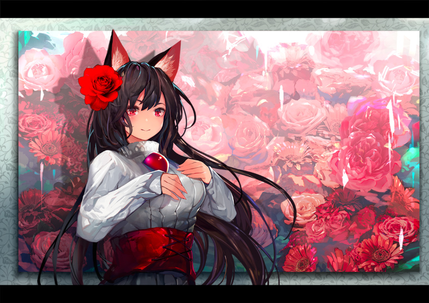adapted_costume animal_ears bangs black_hair black_skirt brooch closed_mouth commentary_request flower hair_flower hair_ornament hands_on_own_chest imaizumi_kagerou jewelry letterboxed light_smile long_hair long_sleeves looking_at_viewer onion_(onion_and_pi-natto) photo_(object) red_eyes red_flower sash skirt solo sweater touhou turtleneck turtleneck_sweater upper_body white_sweater wolf_ears