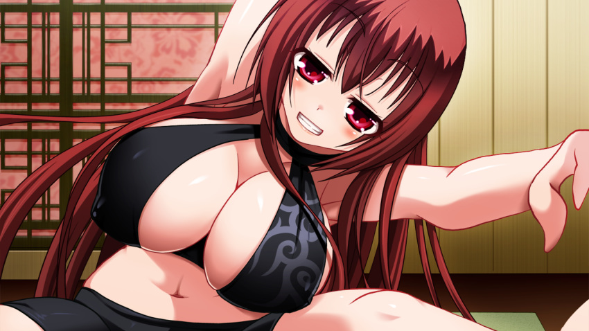 1girl arm_up armpits bare_arms bare_shoulders bike_shorts black_clothes blush breasts cleavage clenched_teeth erect_nipples exercise eyebrows eyebrows_visible_through_hair game_cg highres houtoku_reimei huge_breasts indoors legs long_hair looking_at_viewer matching_hair/eyes midriff navel original red_eyes red_hair sangoku_hime sangoku_hime_2 sitting sleeveless smile solo thighs unicorn-a