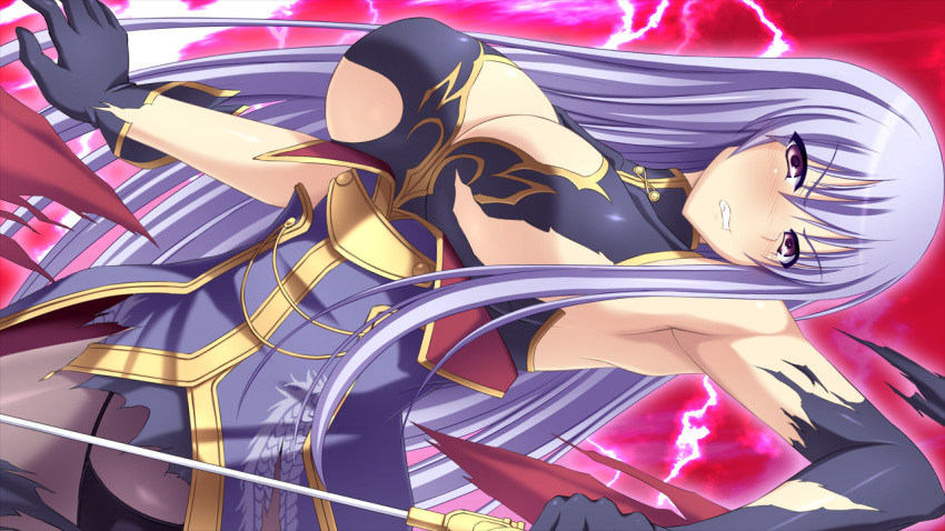 1girl angry armpits black_gloves blush breasts clenched_teeth detached_collar game_cg gloves highres holding holding_sword large_breasts legs lightning long_hair looking_at_viewer matching_hair/eyes original panties pantyshot pantyshot_(standing) purple_eyes purple_hair sangoku_hime sangoku_hime_2 simple_background solo sonsaku_(sangoku_hime) standing sun_ce sword thighs torn_clothes underwear unicorn-a