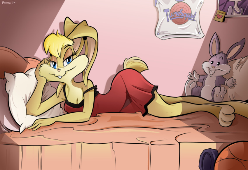 andrea_boscolo barefoot basketball bedroom_eyes blue_eyes bugs_bunny clothing half-closed_eyes laying_in_bed lingerie lola_bunny looking_at_viewer looney_tunes off_shoulder pillow plushie poster relaxing seductive space_jam warner_brothers
