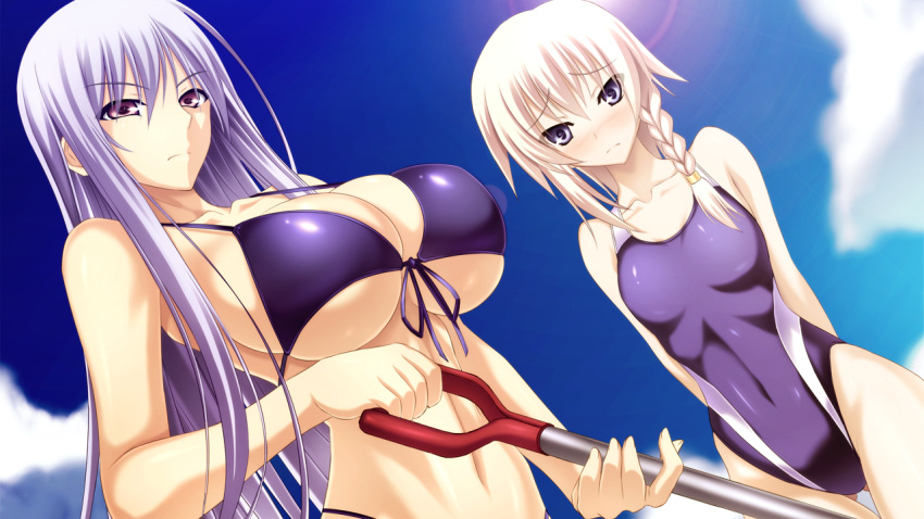 2girls arms_behind_back bare_arms bare_shoulders bikini blonde_hair blush braid breasts closed_mouth covered_navel embarrassed game_cg highres huge_breasts legs long_hair looking_at_viewer matching_hair/eyes multiple_girls original outdoors purple_bikini purple_eyes purple_hair sangoku_hime sangoku_hime_2 shiny shiny_clothes shovel shuuyu_koukin_(sangoku_hime) single_braid sky small_breasts sonsaku_(sangoku_hime) standing sun_ce swimsuit thigh_gap thighs unicorn-a