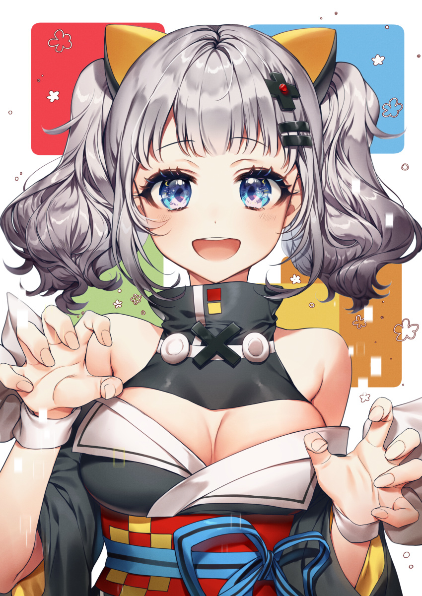 absurdres bangs bare_shoulders blue_eyes blunt_bangs blush breasts claw_pose cleavage cleavage_cutout hair_ornament highres kaguya_luna kaguya_luna_(character) looking_at_viewer medium_breasts obi open_mouth pillo ribbon sash short_hair silver_hair sleeveless smile solo twintails upper_body virtual_youtuber white_ribbon wrist_ribbon x_hair_ornament