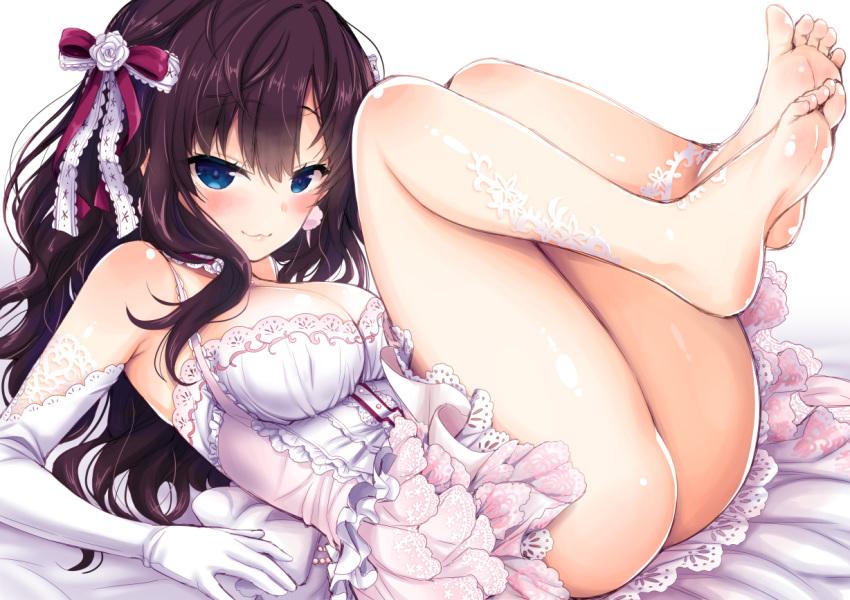 :3 ass bangs bare_legs bare_shoulders barefoot bed_sheet black_hair blue_eyes blush breasts cleavage closed_mouth dress elbow_gloves eyebrows_visible_through_hair feet folded frilled_dress frills gloves hair_ribbon ichinose_shiki idolmaster idolmaster_cinderella_girls idolmaster_cinderella_girls_starlight_stage knees_on_chest legs legs_up long_hair looking_at_viewer lying medium_breasts on_back on_bed ribbon saki_chisuzu simple_background smile soles solo toes wavy_hair white_background white_dress white_gloves