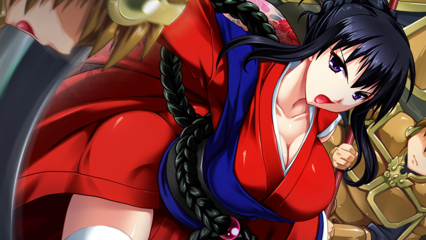 1girl armor ass bangs black_hair breasts cleavage closed_mouth eyebrows fighting folded_ponytail game_cg highres holding holding_sword japanese_clothes kakouen_myousai_(sangoku_hime) kimono large_breasts legs looking_at_viewer obi open_mouth original ponytail purple_eyes red_clothes sangoku_hime sangoku_hime_2 serious solo_focus standing sword thighhighs thighs unicorn-a white_legwear
